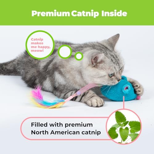 Catify Interactive Cat Toy - Squeaking Mice Set, Blue & Fuchsia