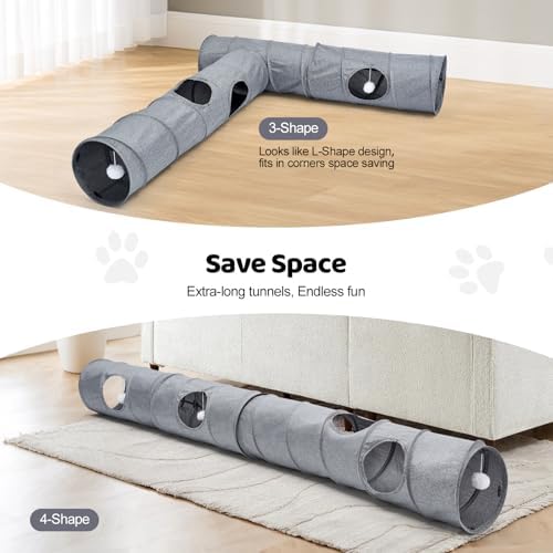 Cat Tunnel, 3 Straight Shaped Tunnels 6 DIY Shapes with Wand Toys, No Noise Scratch Resistant Cool Linen Fabric, Interactive Pet Tunnel Tube for Indoor Cats, Puppy and Rabbits