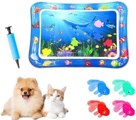 2026 Upgraded Cat Water Mat – 5-Layer Anti-Scratch Leak-Proof Sensory Play Mat for Indoor Cats, BPA-Free Cooling Water Pad, Interactive Enrichment Toy (S3, 66 * 47CM, 4 Fish + Pump Included)
