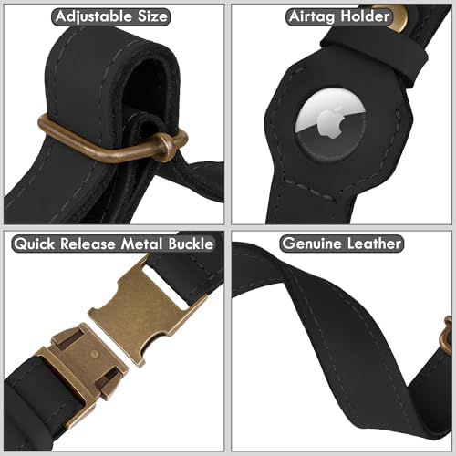 AirTag Dog Collar - Genuine Leather Dog Collar with Apple AirTag Holder and Metal Buckle - Smart GPS Tracking Pet Collars (Black, L, 17"-21" Neck Fit)