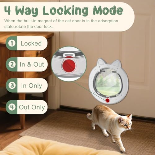 Cat Door with 4-Way Lock, Cat Door for Exterior Door with Magnetic Flap, Weatherproof Pet Door for Interior Door, White