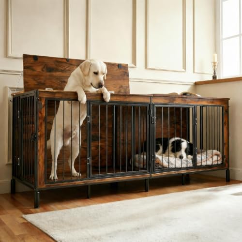 78" XXL Dog Crate Furniture for Medium and Large Dogs, Wooden Indoor Dog Kennel with Removable Divider, Flip-Top Opening, 3 Doors, Indoor Dog Crate Cage House for Home