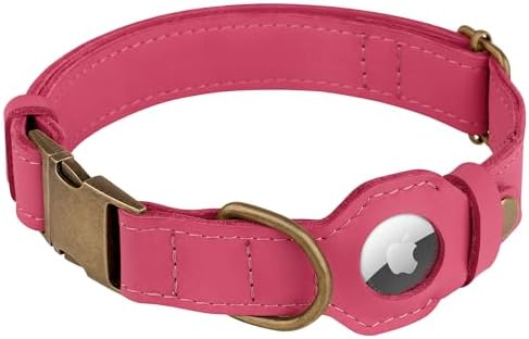 AirTag Dog Collar - Genuine Leather Dog Collar with Apple AirTag Holder and Metal Buckle - Smart GPS Tracking Pet Collars (Pink, S, 12"-15" Neck Fit)