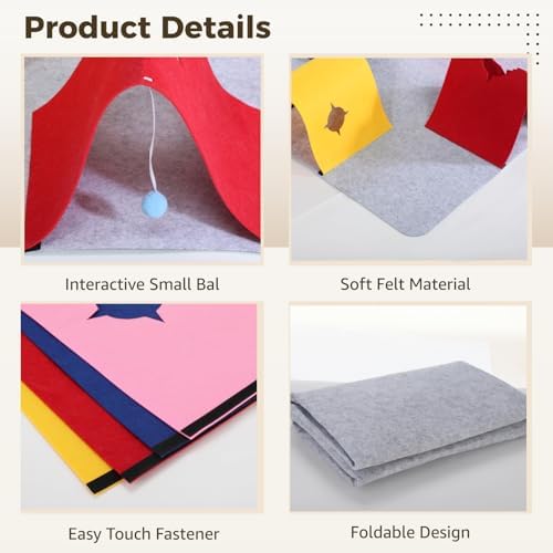 Cat Tunnel Toy, 4-Way Felt Interactive Feline Activity Mat, Large 35.4 x 35.4 in Foldable Play Structure with Colorful Tunnels, Soft Pet Cave for Indoor Exercise, Year-Round Fun
