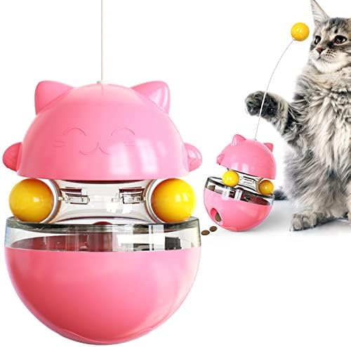 CYBERNOVA Interactive Wobble Cat Toy with a Teaser Wand, Built -in Treat Dispenser/Pet Puzzle Toy/Slow Feeder for Cats and Kitten (Pink)