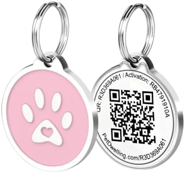 Pet Dwelling QR Pet Tag – Easy Scan Instant Location Alerts, Online Pet Profile with AI Feature for Dogs & Cats (Pink Paw)