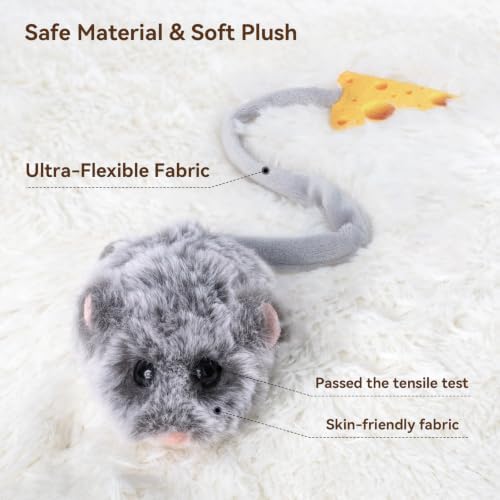 Migipaws Interactive MigiMouse Cat Toy 360° Rolling & Spin with Wiggling Tail for Indoor Cats Smart Motion Sensor, Realistic Squeak, Rechargeable Plush Kitten Toy(Grey Long)