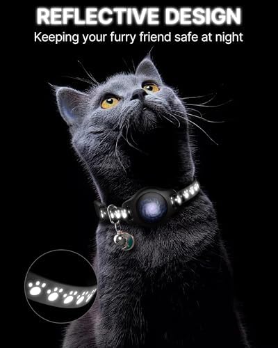 Cat Tracker Collar with Finder Tag - Waterproof Airtag Cat Collar, Black | Breakaway Tractive with Reflective Pattern & Bell, 8-12", Compatible with Apple Find My (iOS ONLY Not for Android Devices)