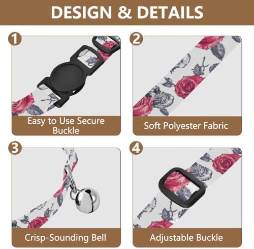 2 Pack Pet Collar Skull Red Rose Dog Collar with Bell, Adjustable Length 10.6" to 17.1"