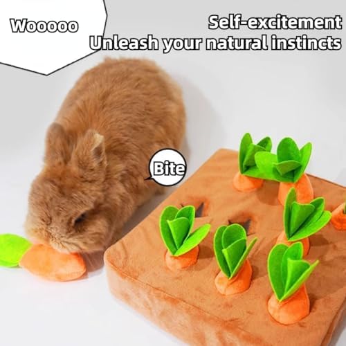 Upgraded Interactive Rabbit Enrichment Toys, Hide and Seek Snuffle Mat with Plush Carrot and Feeder Cups for Boredom & Stimulating, Bunny Puzzle for Puppies, Guinea Pigs, Kitten, Chinchilla (Small)