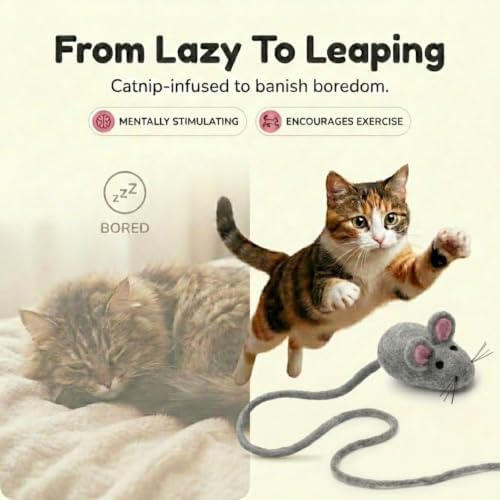 Glaciart One XXL Felt Mouse Cat Toy – 6” Body + 98” Tail – Large Cat Enrichment Toy – 100% Natural Wool with Catnip – Interactive Teaser for Big Cats – Safe Non-AZO Dyes