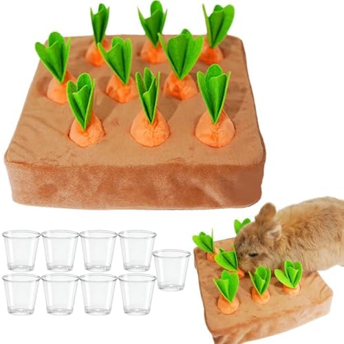 Upgraded Interactive Rabbit Enrichment Toys, Hide and Seek Snuffle Mat with Plush Carrot and Feeder Cups for Boredom & Stimulating, Bunny Puzzle for Puppies, Guinea Pigs, Kitten, Chinchilla (X Large)
