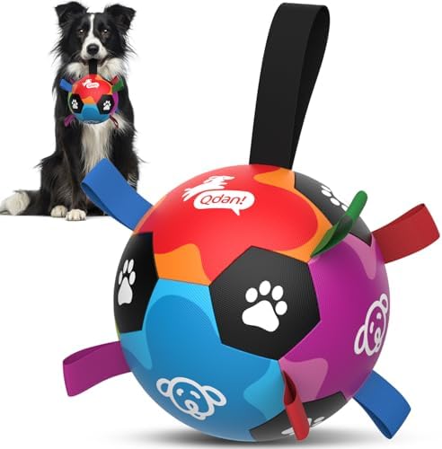 QDAN Dog Toys, Durable Dog Soccer Balls with Straps to Keep Them Busy
