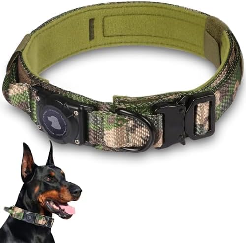 2026 Upgrade Waterproof Tactical AirTag Dog Collar, Built in AirTag Holder | Comfortable Control Handle, Quick Release Metal Buckle, Durable 1000D Nylon, For Medium to Large Dogs, Camouflage, XL
