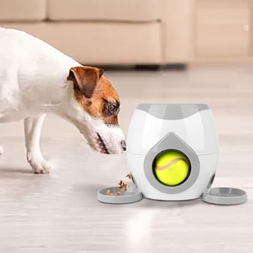 Interactive Dog Training Toy, Dog Tennis Ball Food Reward Machine with Automatic Treat Dispenser, Rechargeable Tennis Ball Throwing Machine for Small to Medium Dogs (White)