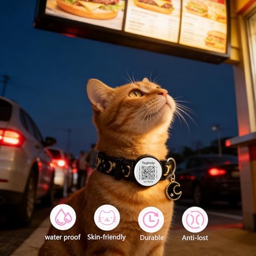 Upgraded Smart Cat Collar: Real-Time Scan Alerts & Shareable Pet Profile, Breakaway Safety Collar with QR Code ID Tag - Stars & Moon Design, No Monthly Fee (Black)