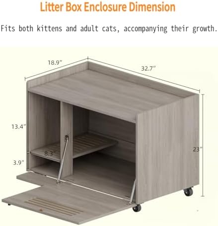 Montary Multi-Use Cat Litter Box Enclosure with Storage, Hidden Litter Box Furniture & Cat Washroom Cabinet,Wooden Pet House Side Table with Wheels, Gray
