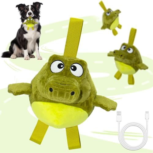 Plush Interactive Dog Toys, USB Rechargeable Jumping Squeaky Ball, Ideal for Keeping Puppy Busy Indoors, Motion Activated Balls for Medium/Large Dogs, Not for Aggressive Chewers (Crocodile)