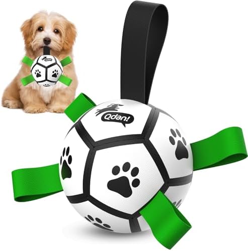 QDAN Small Dog Toys, Outdoor Soccer Ball with Straps, Puppy Birthday Gifts | Interactive Training Soccer Toys for Tug, Dog Water Toy, Durable Puppy Balls for 5-20 lbs Small Dogs, Puppy Birthday Gifts