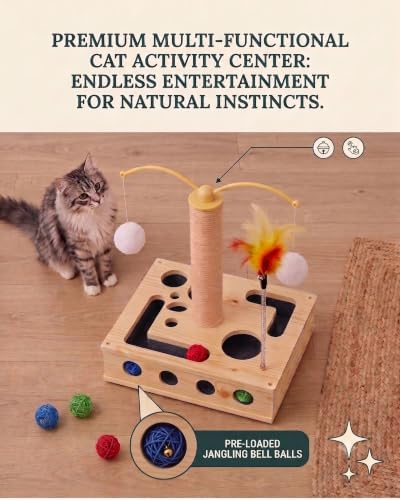 4-in-1 Wooden Interactive Cat Toy with Scratching Post & 3 Rattan Bell Balls - Cat Puzzle Box Treat Maze, 360° Rotating Spinning Teaser with Hanging Pom Poms, Durable Sisal Scratcher for Indoor Cats