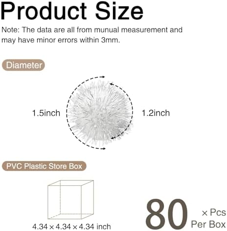 80 Pcs Sparkle Pom Pom Balls 1.5 Inch Cat Toy Chase Ball Interactive Glitter Tinsel Ball for Kitten Cat Favorite Gift White