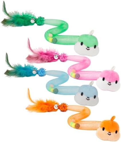 Cat Teaser Toys with Feathers and Bells, Flexible Tube 4-Pack