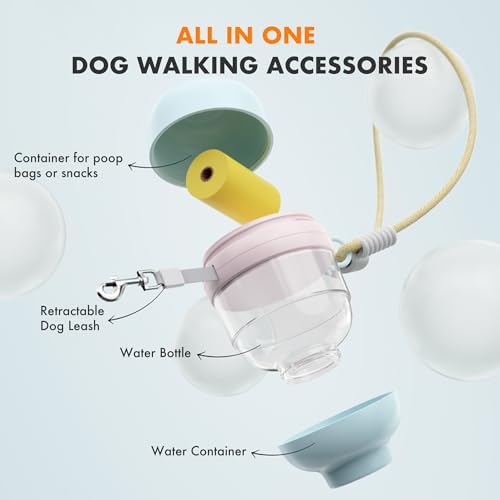 3 in 1 Dog Water Bottle with Crossbody Strap, Portable Dog Travel Water Bottle with Treat & Poop Bag Dispenser for Small Dogs Walking Hiking(Pale Purple)