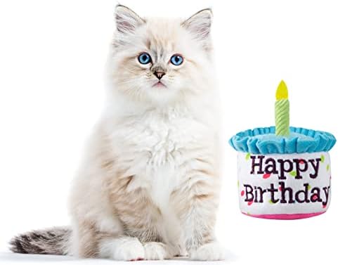 Happy Birthday Cake Catnip Toys, Birthday Cake Shaped Chew Toys for Kitten Funny Cats Gifts Plush Cat Birthday Party Toys, Blue