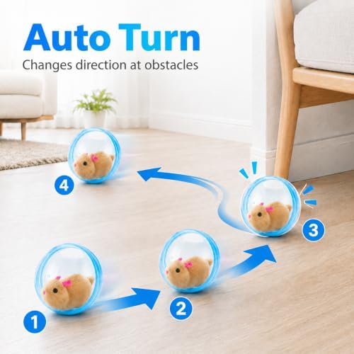 Self Rolling Interactive Cat Ball, Automatic Moving Cat Toy with Plush Animal Inside, 360° Rolling Cat Chasing Ball with Transparent Ball for Cats Dogs Small Pets (Blue,Brown Mouse)