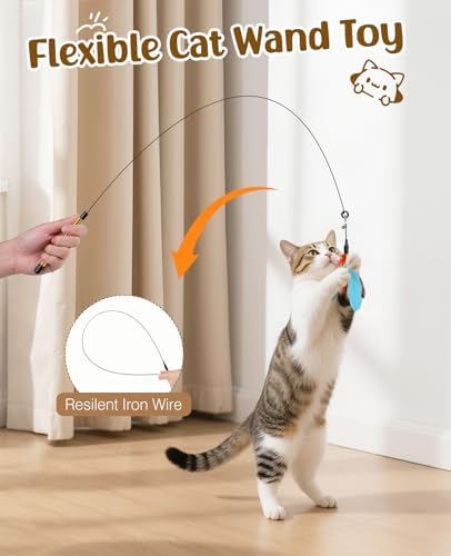 Pawaboo Cat Feather Wand Interactive Toy, 2 Feathers + 1 Wand with Bell