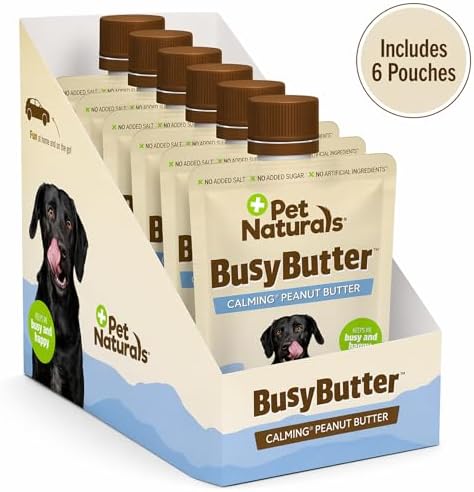 Pet Naturals BusyButter Easy Squeeze Calming Peanut Butter for Dogs, 6 Pouches - Great for Treats, Lick Mats, Training, Calming, and Occupier Toys, Busy Butter, 1.5oz (Pack of 6)