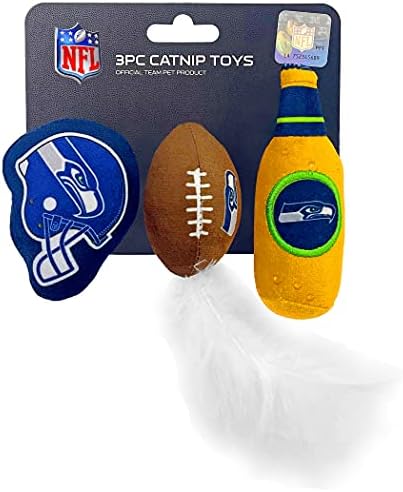 Best Plush CAT Toy - NFL Seattle Seahawks Complete Set of 3 Piece Cat Toys Filled with Fresh Catnip. Includes: 1 Helmet Cat Toy, 1 Football Cat Toy with Feathers & 1 Beer Bottle. Beautiful Team Logos