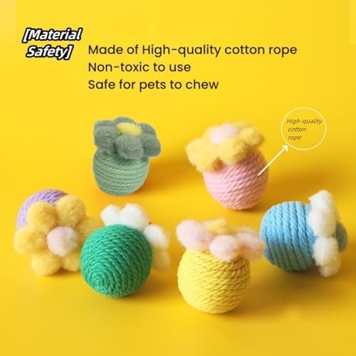 6Pcs Cactus Cat Toy Balls Cotton Rope Pet Scratching Assorted Colored Cat Rope Balls Chew Eco-Friendly Toy Pets Interactive Toy Cat Toys (Assorted Colored, 6pcs)