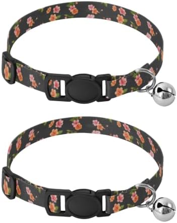 Cherry Blossom Flowers Green Leaf Cat Collar with Bell 2 Pack Kitten Collar Adjustable Length 10.6" to 17.1"