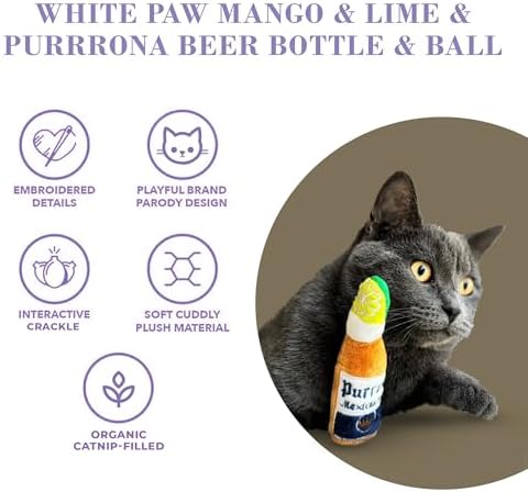 Haute Diggity Kitty White Paw + Purrrona Bottle & Ball, Soft Plush Cat Toys