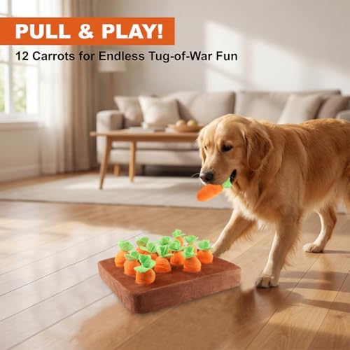 Carrot Dog Toys, Carrot Snuffle Mat for Dogs Interactive Dog Plush Puzzle Toys 2 in 1 Fun Nosework Feed Games Pet Stress Relief and Brain Training Foraging Skill with 12 Carrots (Orange)