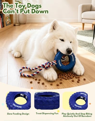 Deeow Tether Dog Tire Chew Toy for Teething & Treat Dispensing-Blue 6.3''