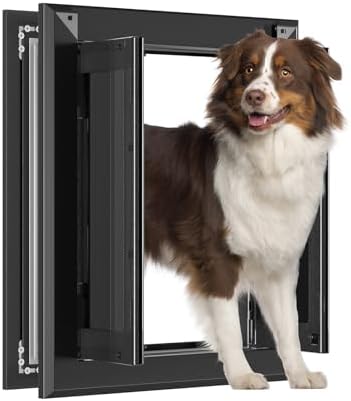 Aluminum Large Dog Door for Door Mount, Up to 110 LBS, Black | French Style Heavy Duty Pet Door, Double Magnetic Flaps, Telescoping Tunnel, Solid Aluminum Frame Fits Dogs Up to 110 LBS