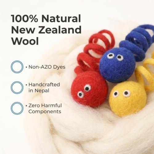 Glaciart One Felt Spring Cat Toy – 3 Pcs Soft Fuzzy Enrichment 100% Natural Wool - Interactive Stretchable Play Set - Safe for Pets, Non-AZO Colored Dyes - 4” Long