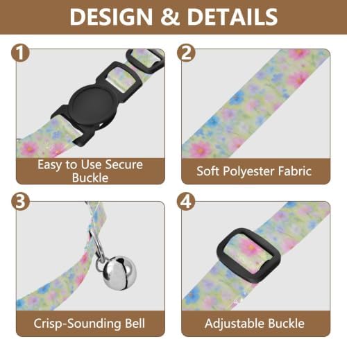 Watercolor Field Flowers Cat Collar 2 Pack Adjustable Pet Collar Adjustable Length 10.6" to 17.1"