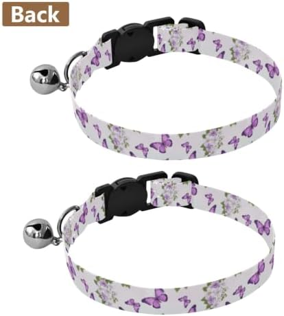 2 Pack Cats Collar Purple Butterflies Flowers Decorative Pet Collar with Bell, Adjustable Length 10.6" to 17.1"