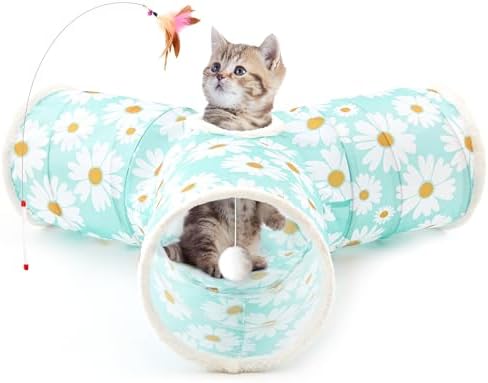 Tempcore Cat Tunnel, 3-Way Collapsible Toy for Indoor Cats, Daisy Blue