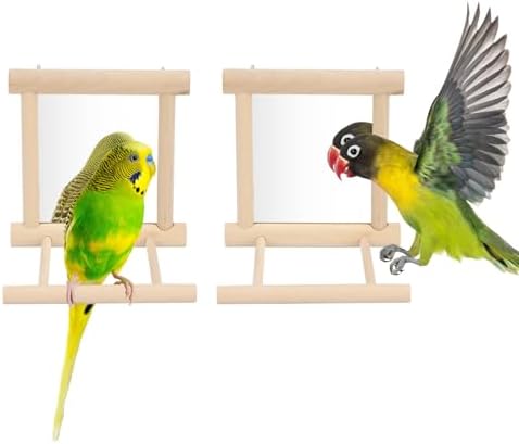 Wontee Bird Mirror with Perch for Parakeet Cage Bird Toys (2pcs-Wood Color)