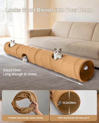 Cat Tunnel, 3 Straight Shaped Tunnels 6 DIY Shapes with Wand Toys, No Noise Scratch Resistant Cool Linen Fabric, Interactive Pet Tunnel Tube for Indoor Cats, Puppy and Rabbits