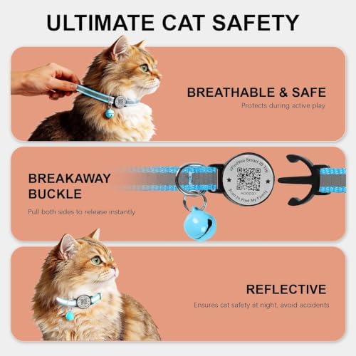 Breakaway Cat Collar QR Code, Reflective Bell, Adjustable Kitten, Blue 2pk