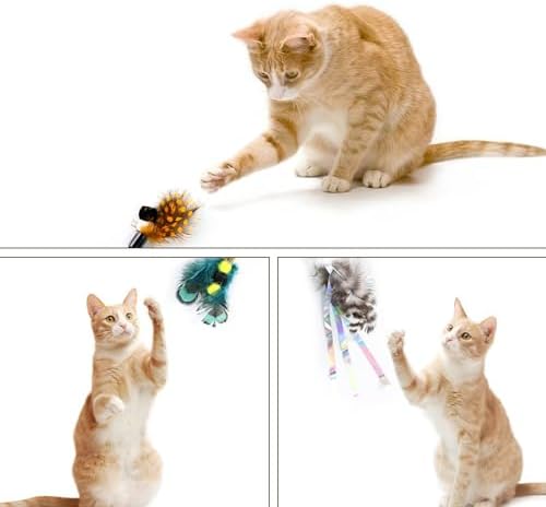 Hokaad Cat Insect Feather Toys - Feather Wand & 6 Natural Insect Refills - Interactive Cat Teaser with Bell