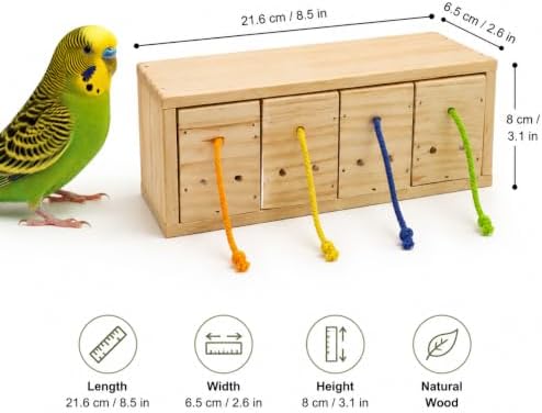 Bird Foraging Toys, Wooden Bird Foraging Box with 4 Compartments, Interactive Parrot Puzzle Toy for Treat Dispensing and Natural Enrichment, Parakeet, Cockatiel, Lovebird and Conure Cage Accessories