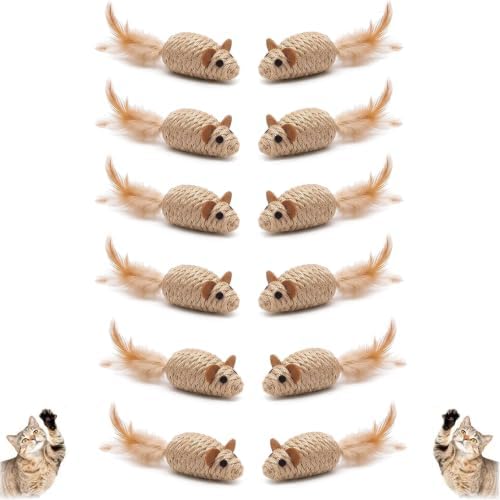 12PCS Cat Mouse Toys, Natural Sisal Mouse Cat Toys for Indoor Cats, Teeth Cleaning Dental Chew Toy, Interactive Cat Mice Toy Eliminate Boredom