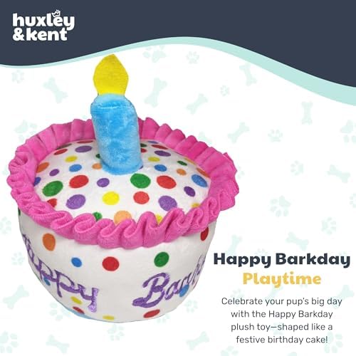 Huxley & Kent Funny Dog Toy w/Squeaker – Power Plush Squeaky Dog Toys for Small, Medium & Large Dogs – Soft Stuffed Animal for Indoor Play & Fetch - Happy Barkday Cake, Large