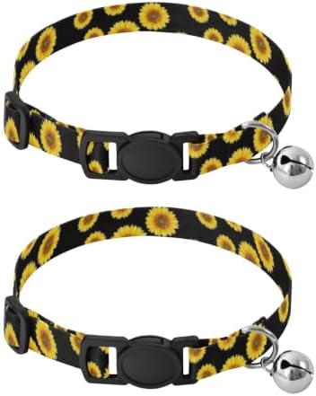 Yellow Sunflowers Petals Puppy Collar with Bell 2 Pack Cat Collar Adjustable Length 10.6" to 17.1"